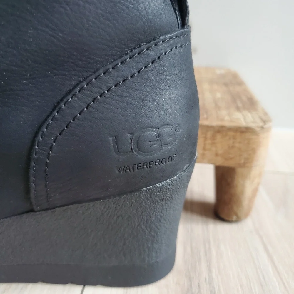 UGG Boots Womens 7 Black Suede Jeovana Ankle Boot Waterproof Wedge Shearling